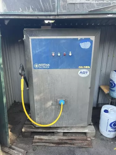 Nilfisk SH Truck static hot pressure washer after high pressure hose replacement repair in Loughborough.